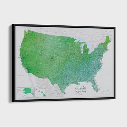 Canvas - Enchanting Emerald Watercolor USA Travel Map with pins