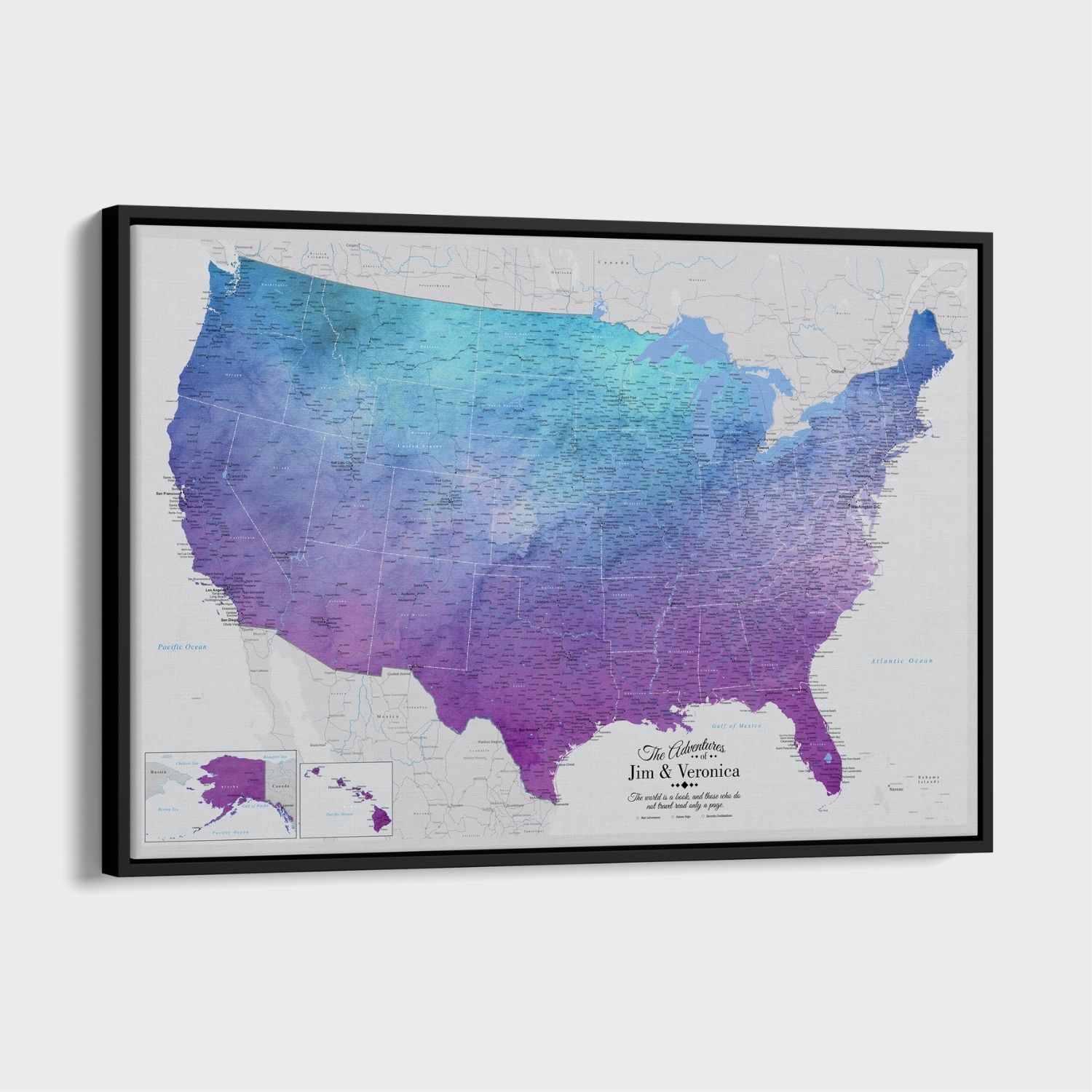 Canvas - Vibrant Violet Watercolor USA Travel Map with pins