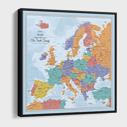 Black framed canvas Blue Oceans Europe travel map with push pins and personalized family name title