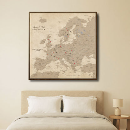 Canvas - Vintage Europe Travel Map with Pins - Square