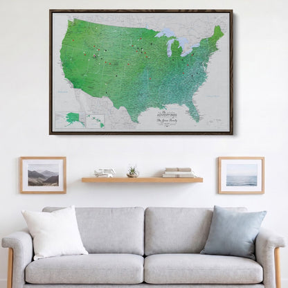 Canvas - Enchanting Emerald Watercolor USA Travel Map with pins
