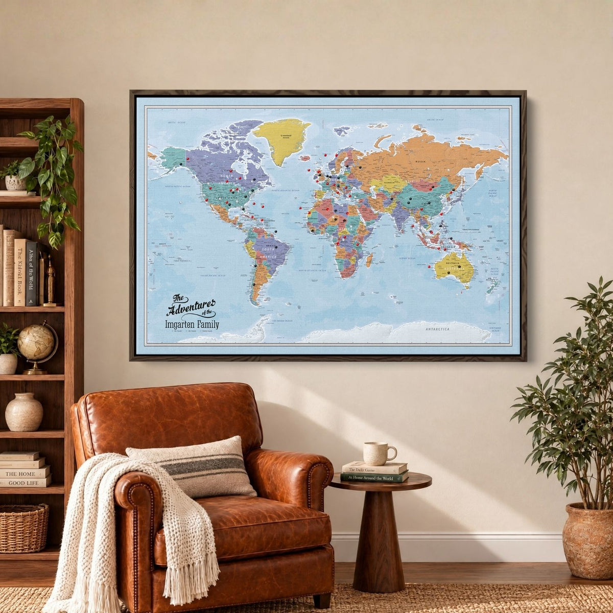 Canvas - Blue Oceans World Travel Map with pins