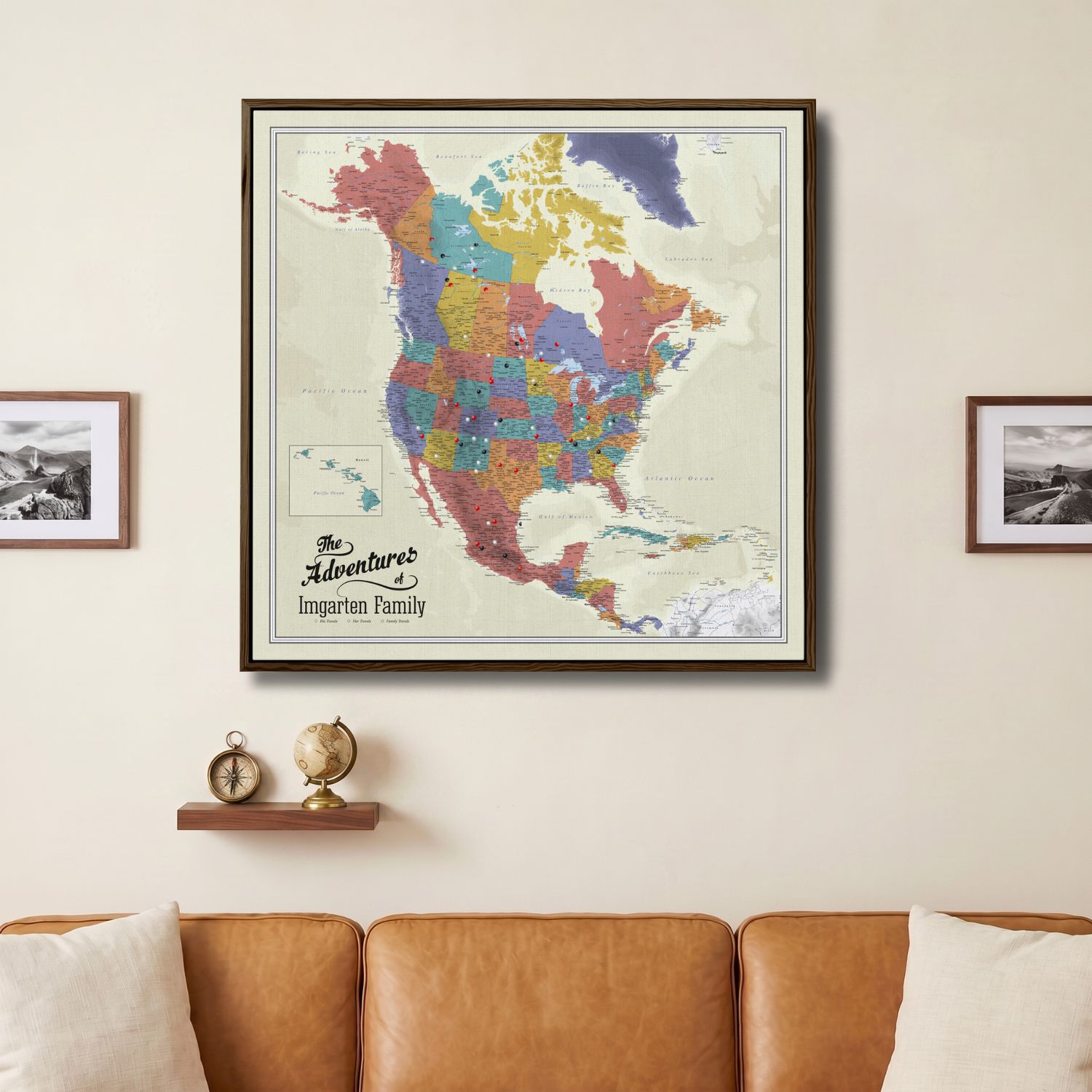 Canvas - Tan Ocean North America Travel Map with Pins