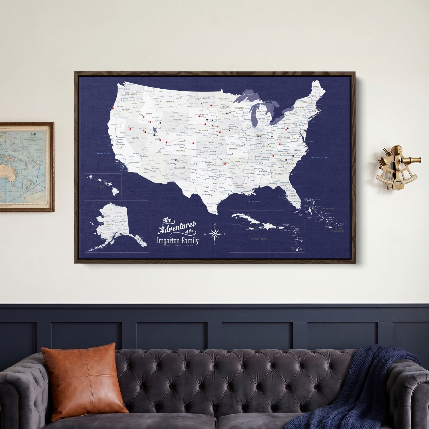 Navy Canvas USA & Caribbean Map | Framed Map of the US and Caribbean