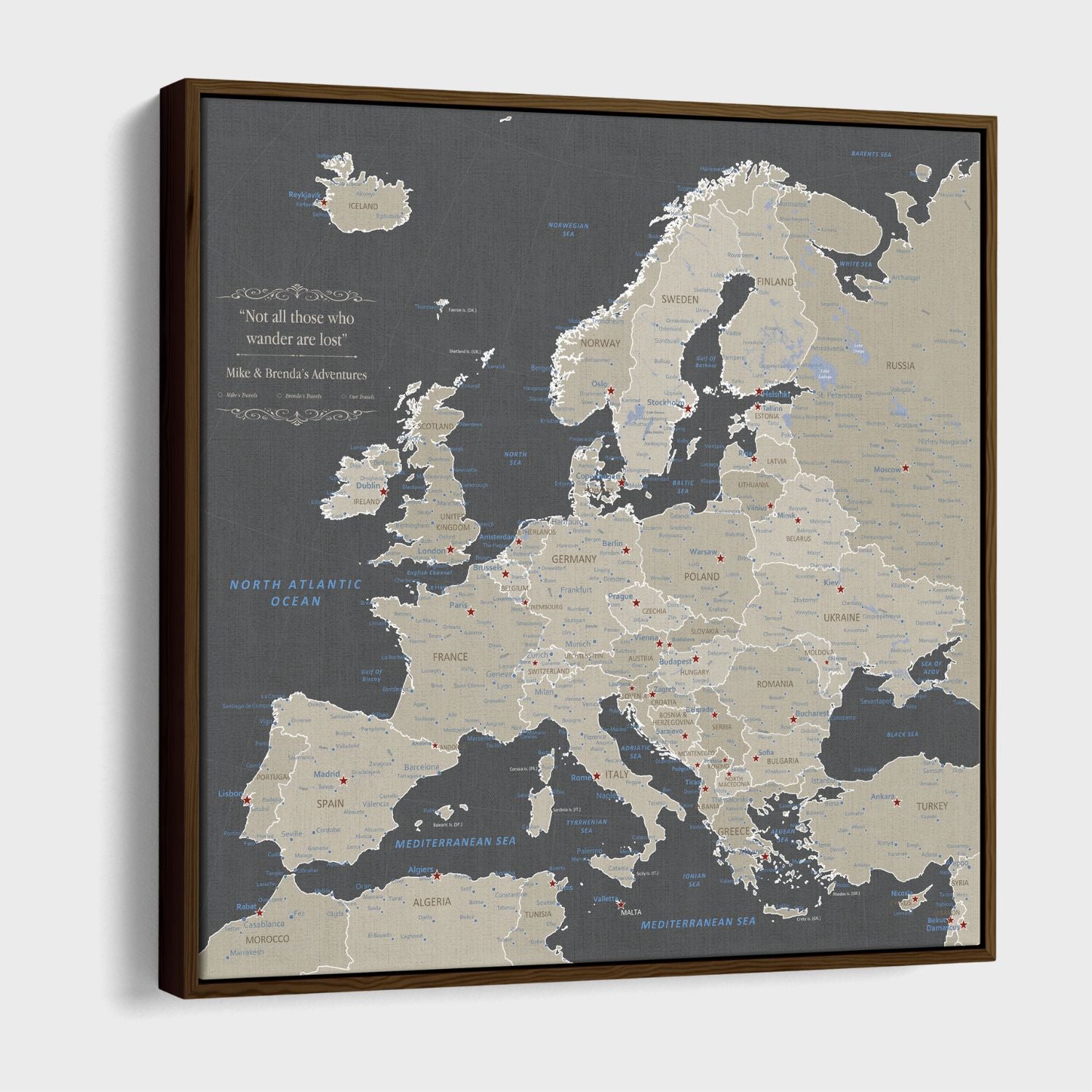 Canvas - Earth Toned Europe Travel Map with Pins - Square