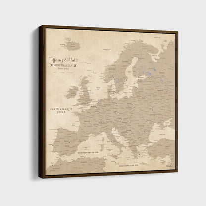 Canvas - Vintage Europe Travel Map with Pins - Square