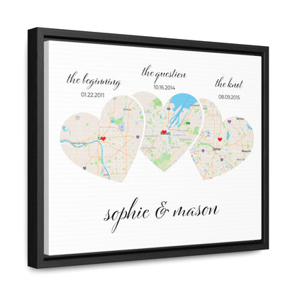 Relationship Map Wall Art | 3 Heart Couple Map | Option 2