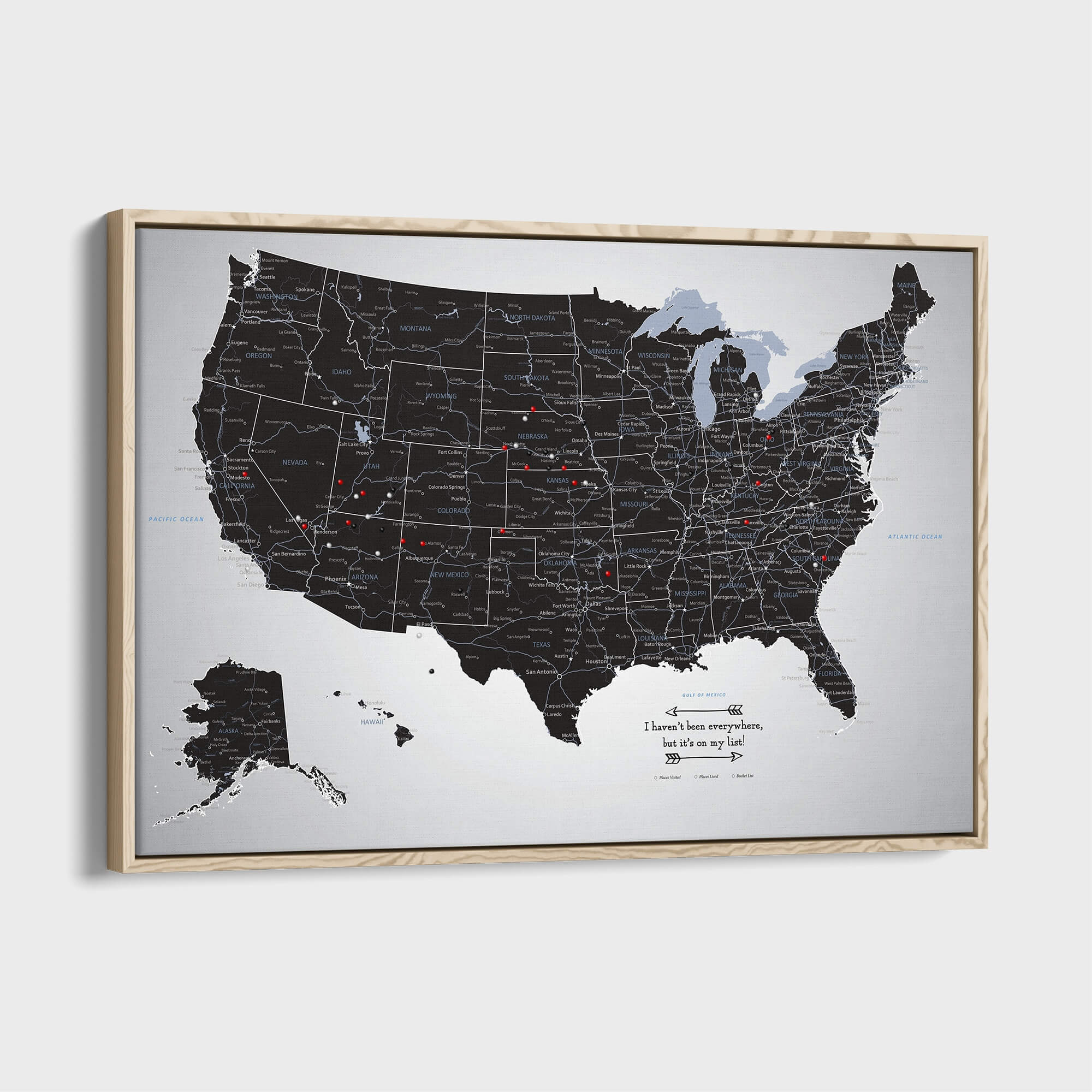 Canvas - Black Ice USA Travel Map with pins