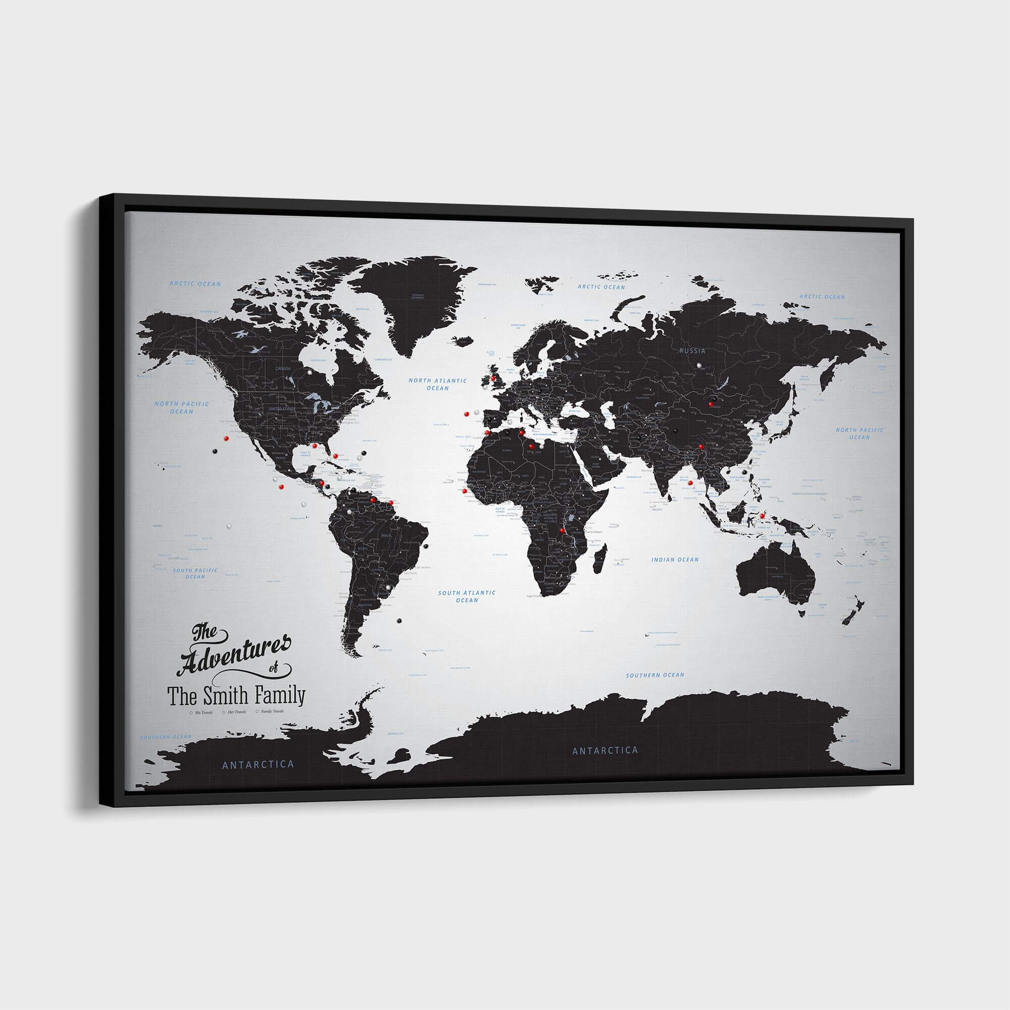 Canvas - Black Ice World Travel Map with pins