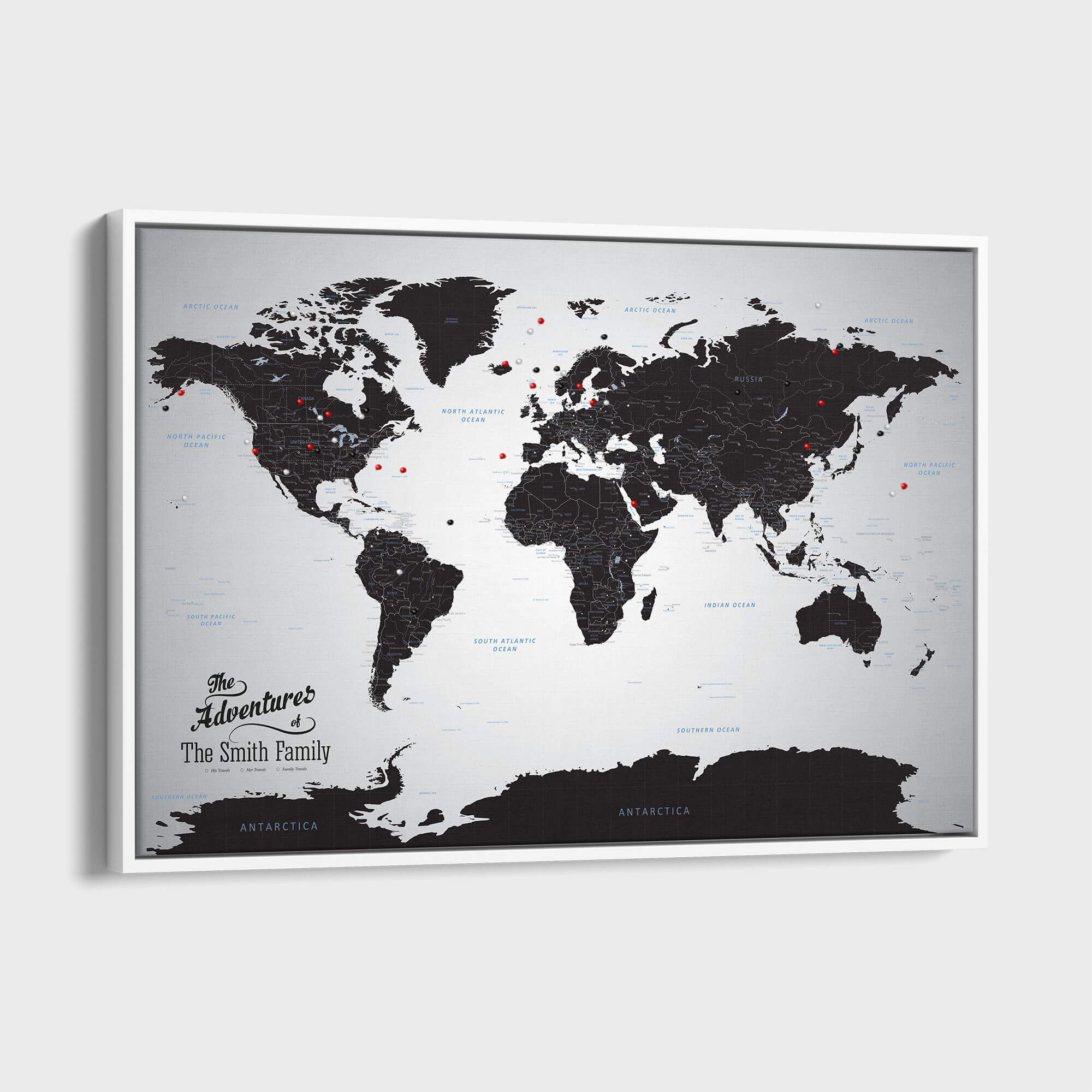 Canvas - Black Ice World Travel Map with pins
