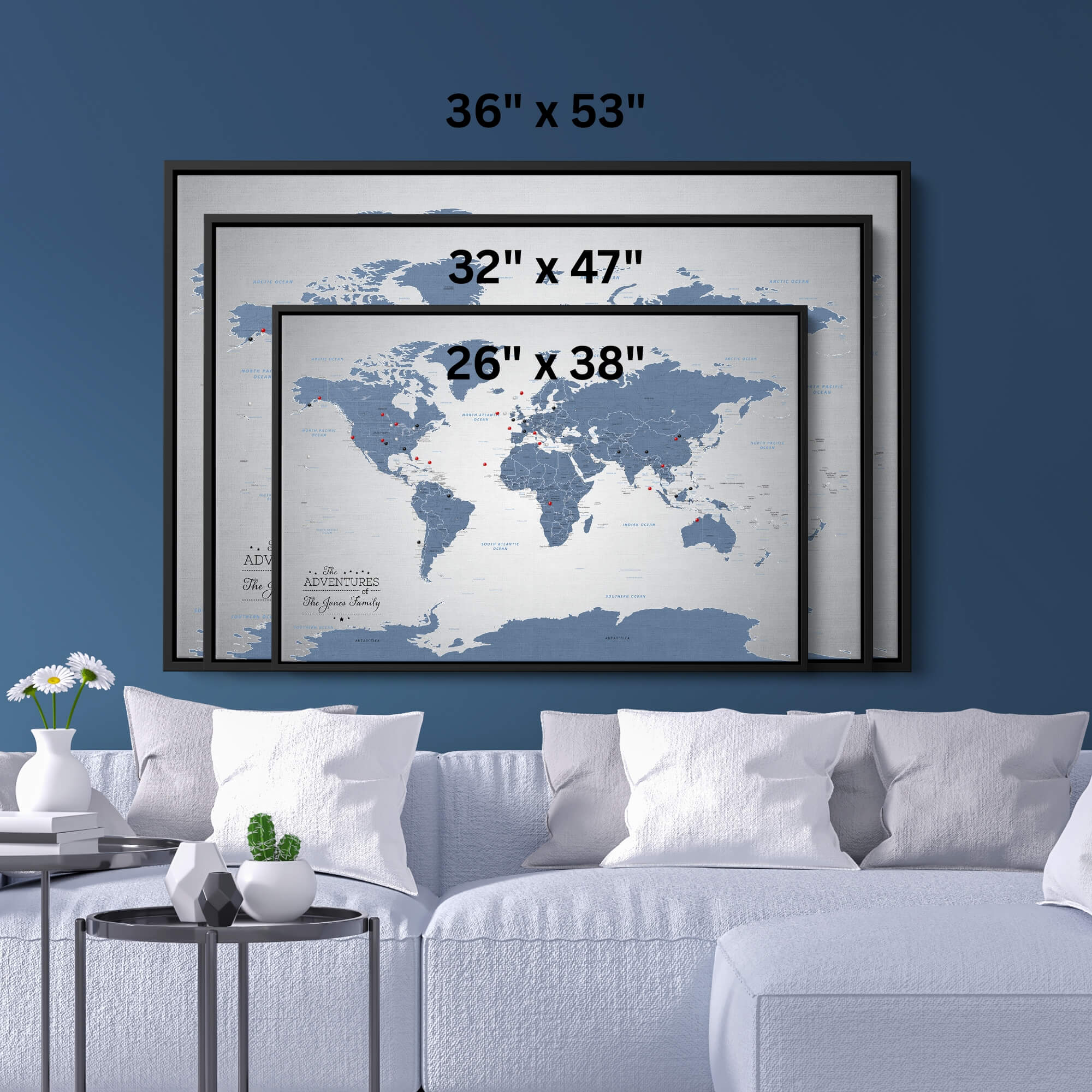 Blue Ice Canvas Map | Canvas Push Pin Map of the World – Push Pin