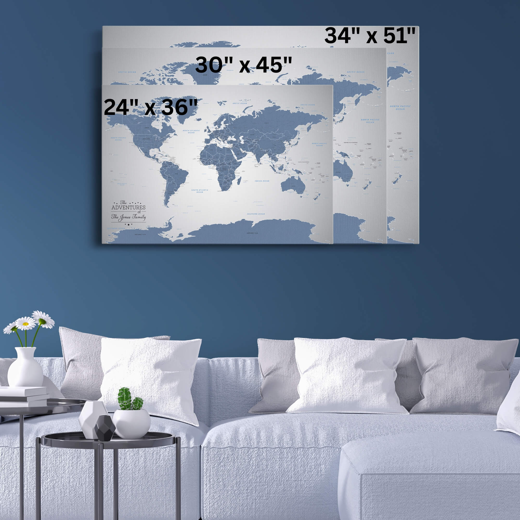 Blue World Map | Modern Frameless Blue Pin Map | Push Pin Travel Maps