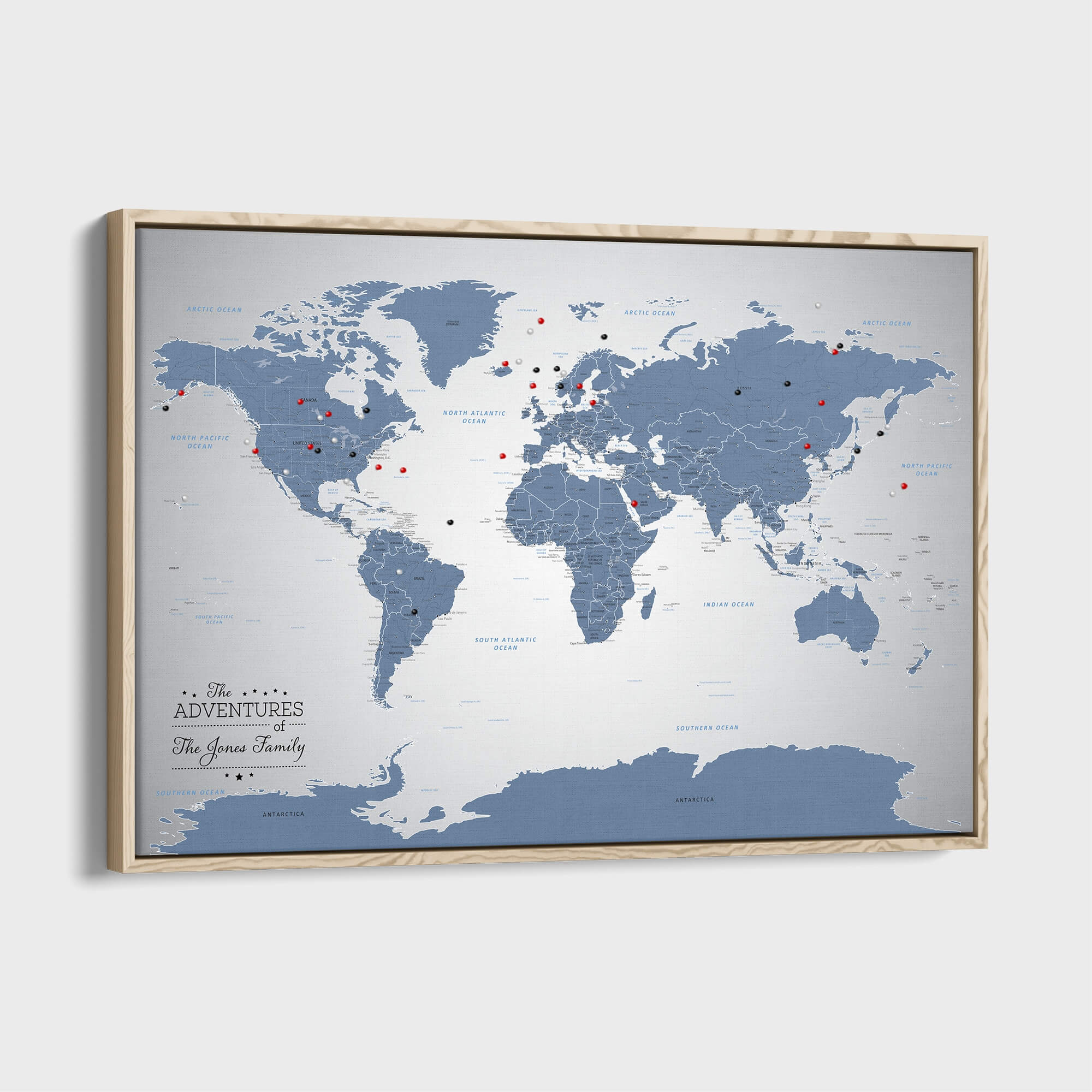 Canvas - Blue Ice World Push Pin Travel Map with pins