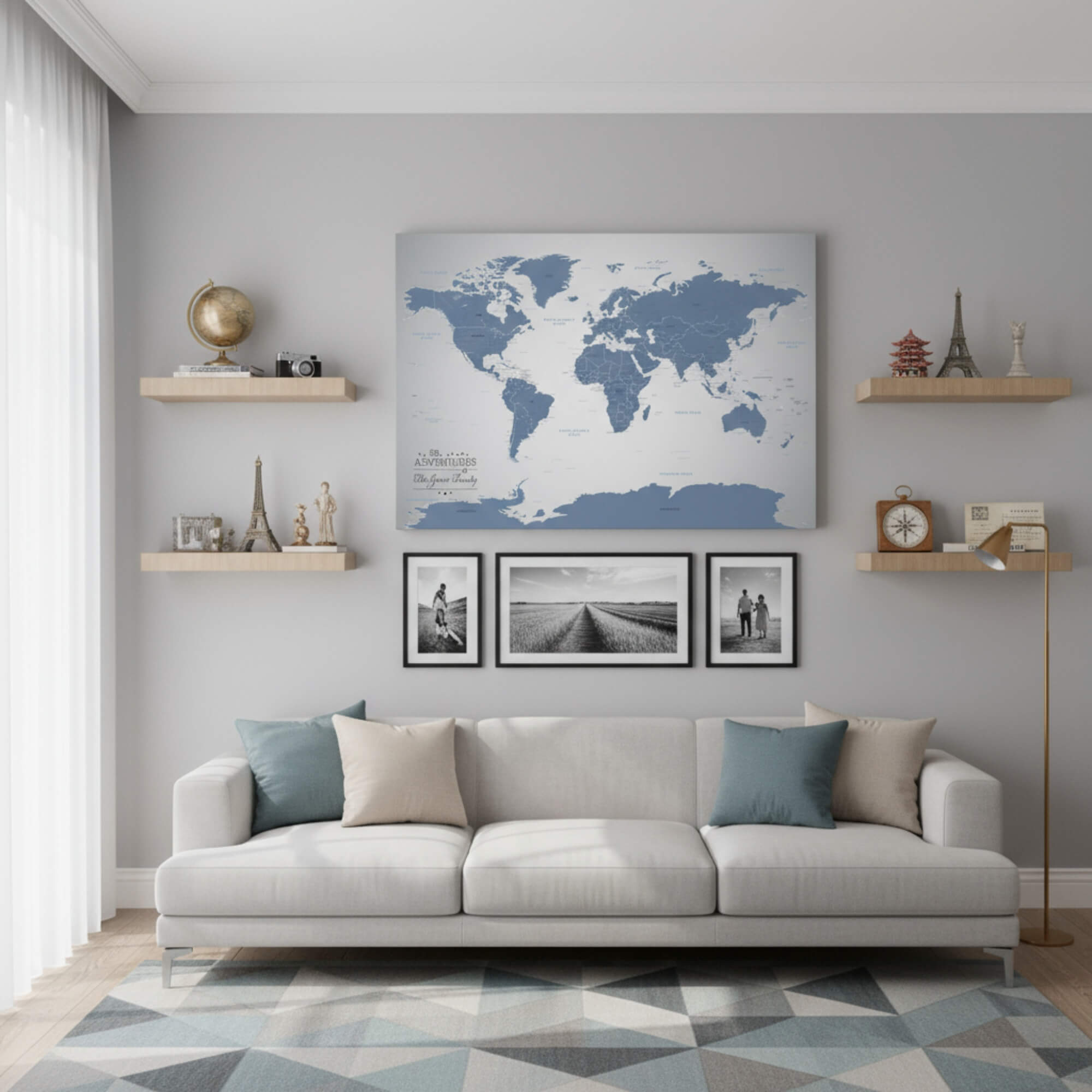 Blue World Map | Modern Frameless Blue Pin Map | Push Pin Travel Maps