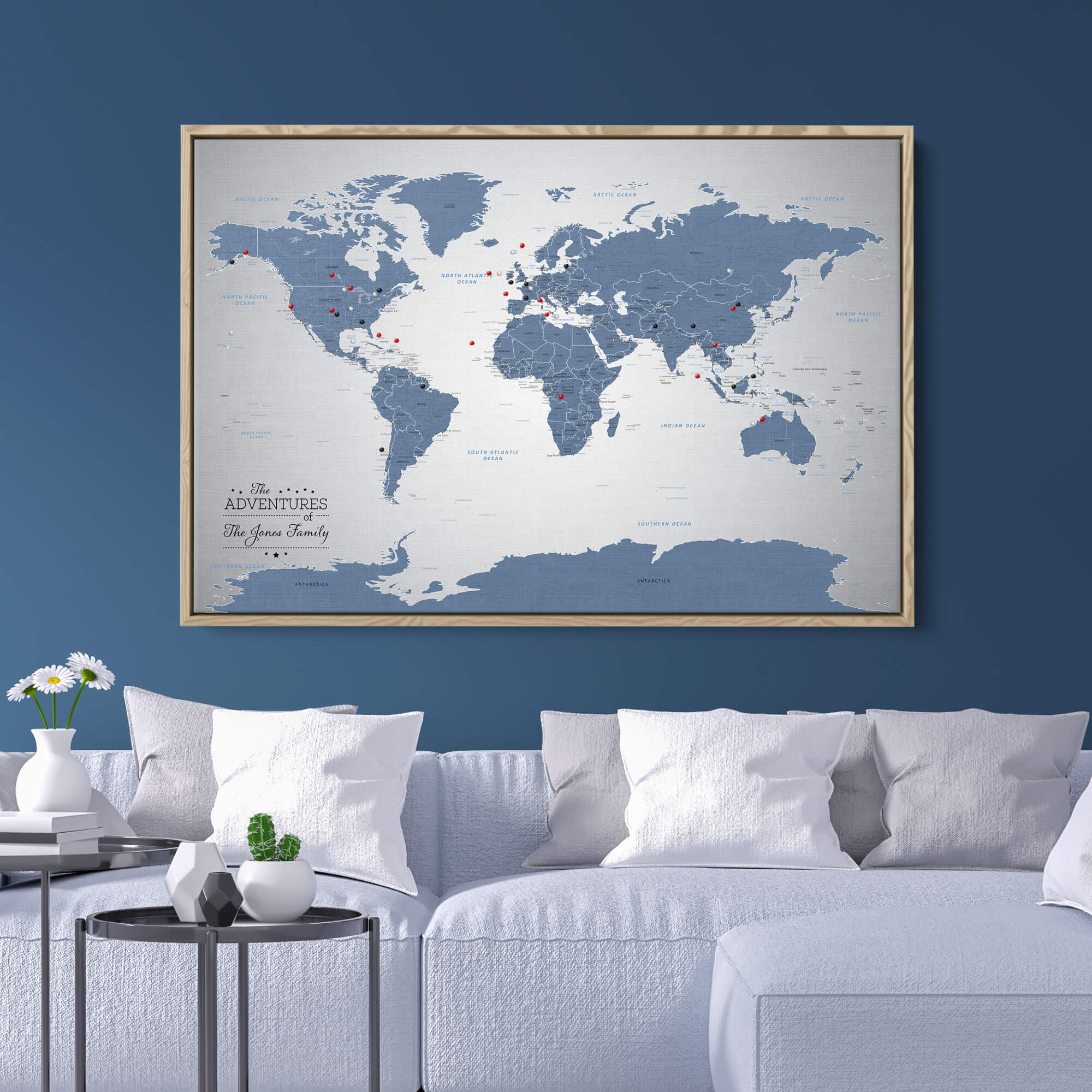 Blue Ice Canvas Map | Canvas Push Pin Map of the World