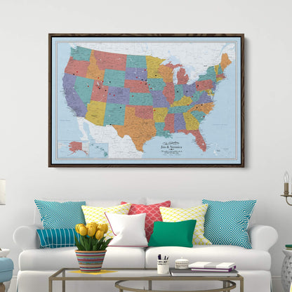 Canvas - Blue Oceans USA Travel Map with pins