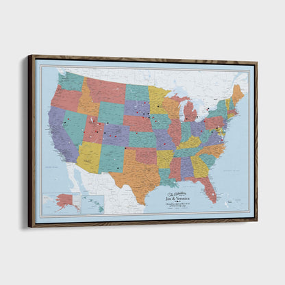 Canvas - Blue Oceans USA Travel Map with pins