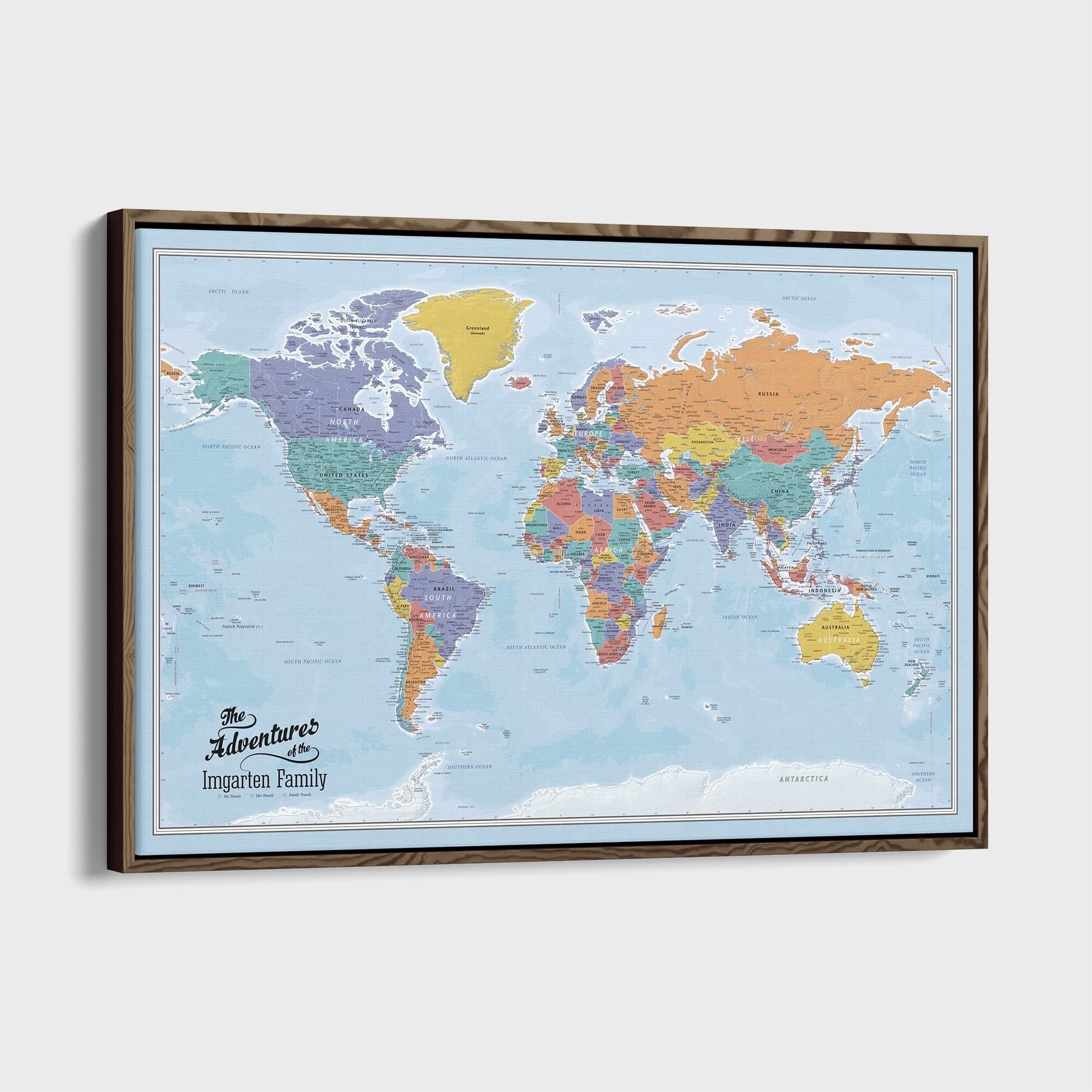 Canvas Blue Oceans Map | Framed World Wall Map with Pins – Push