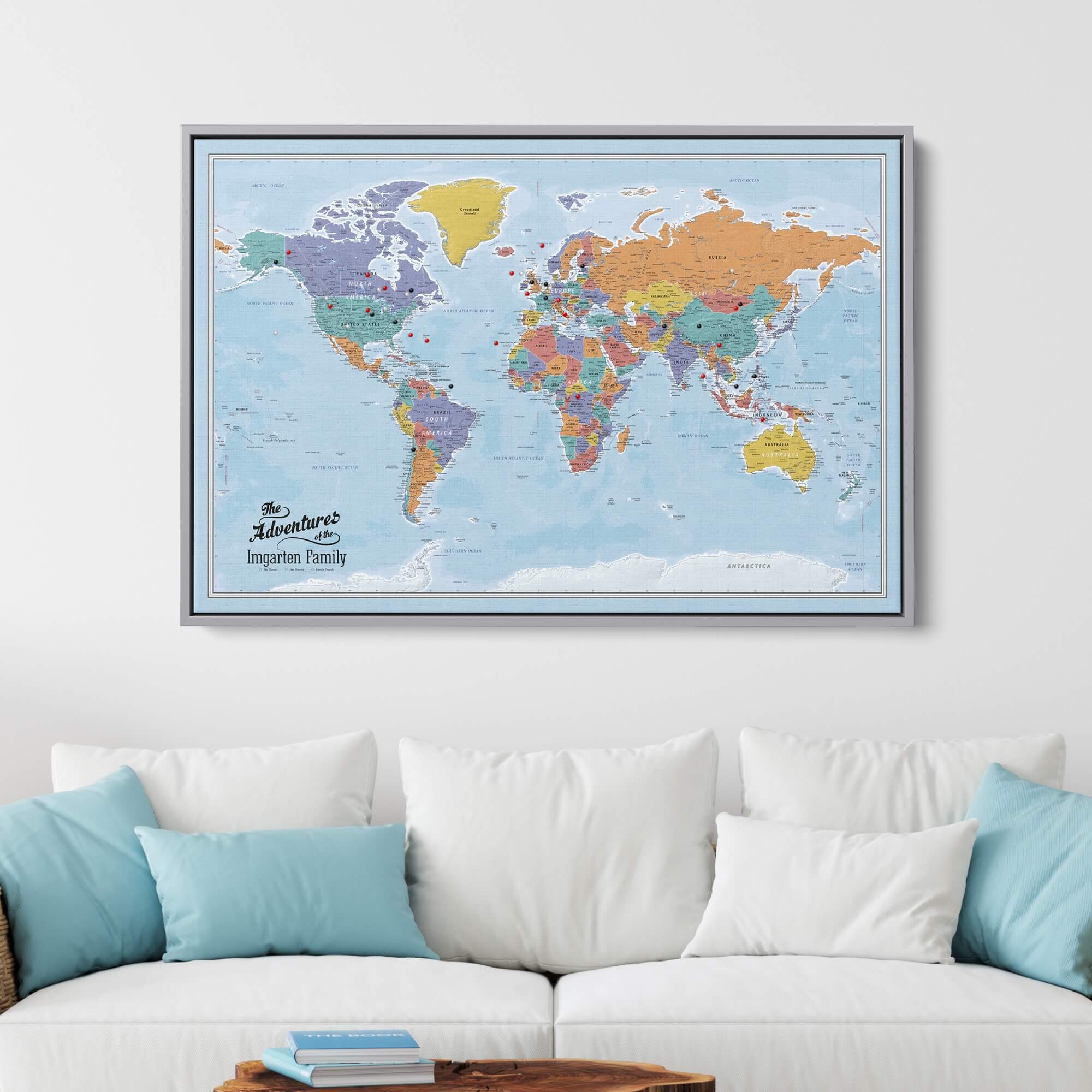 Canvas - Blue Oceans World Travel Map with pins