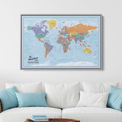 Canvas - Blue Oceans World Travel Map with pins