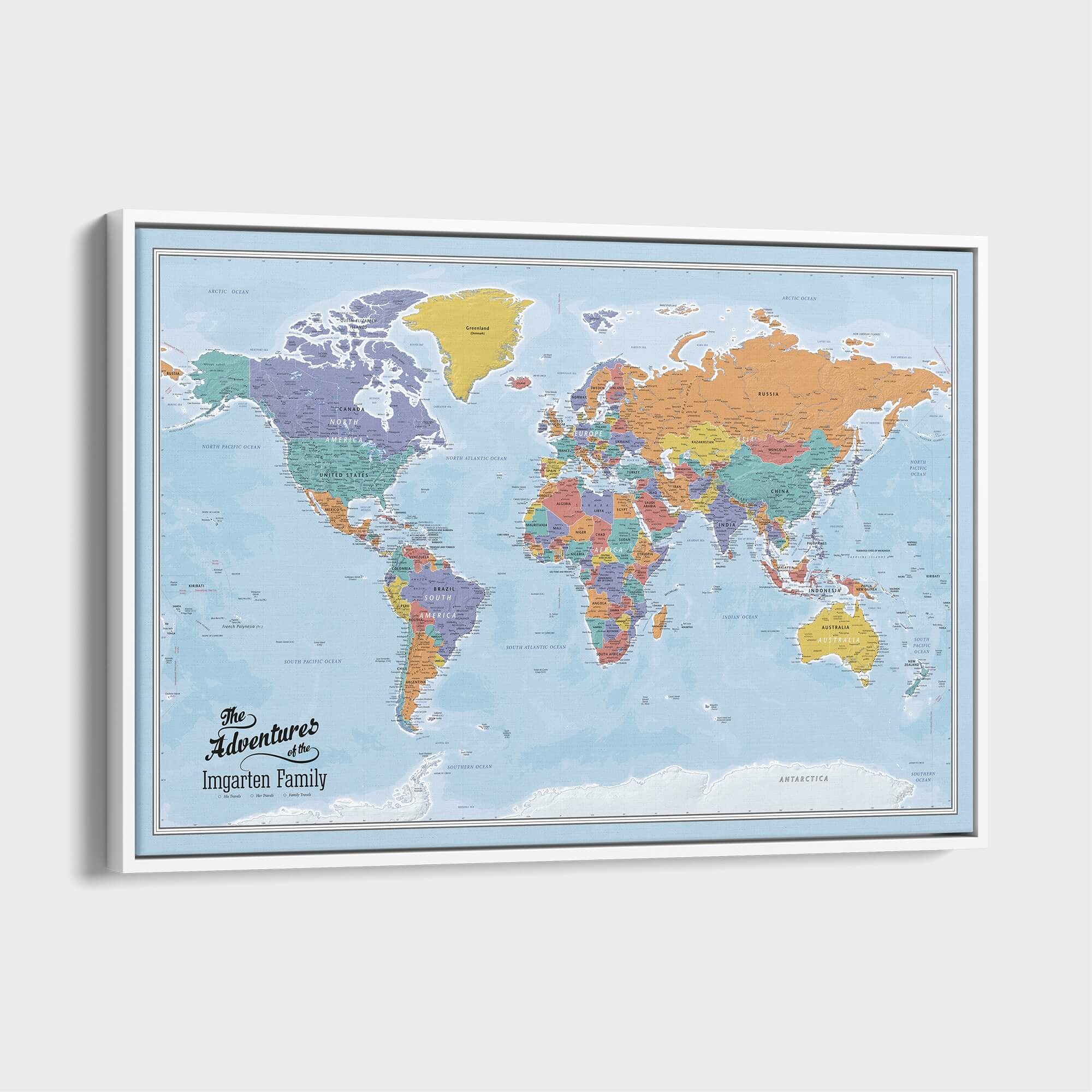 Canvas - Blue Oceans World Travel Map with pins