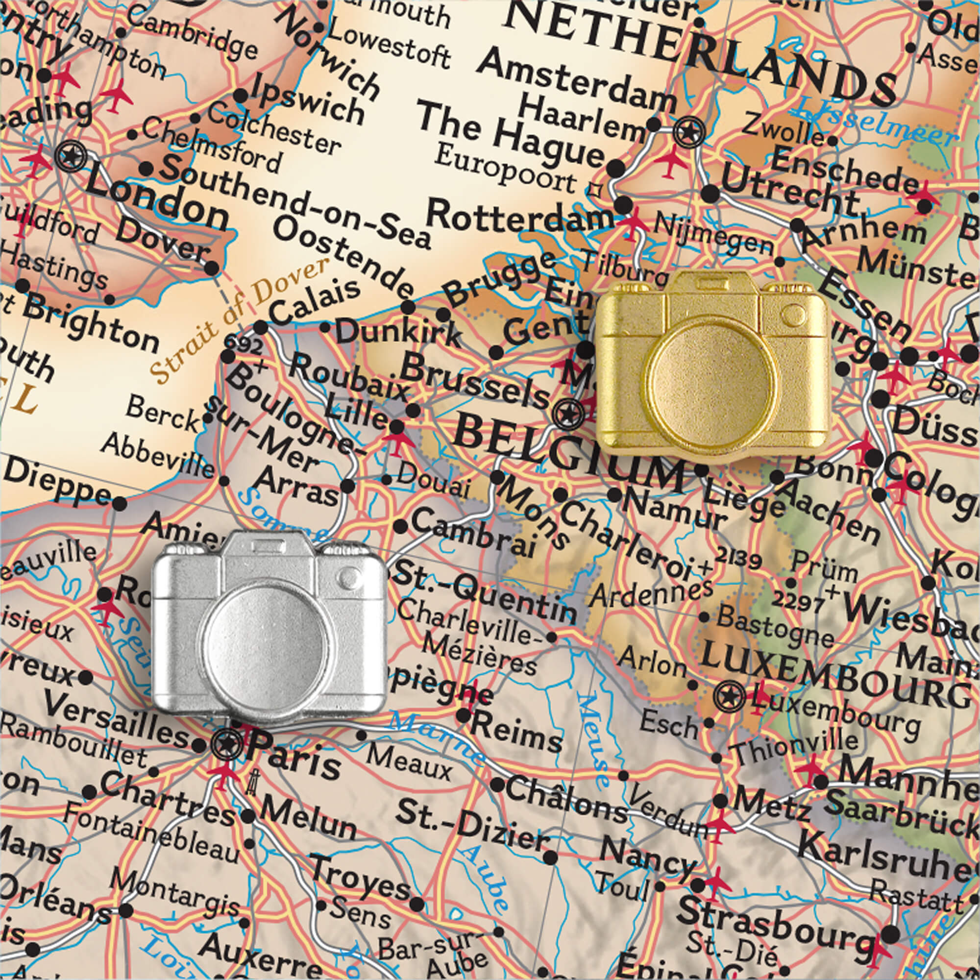 Camera Push Pins - Gold & Silver Metal Camera Pins – Push Pin Travel Maps