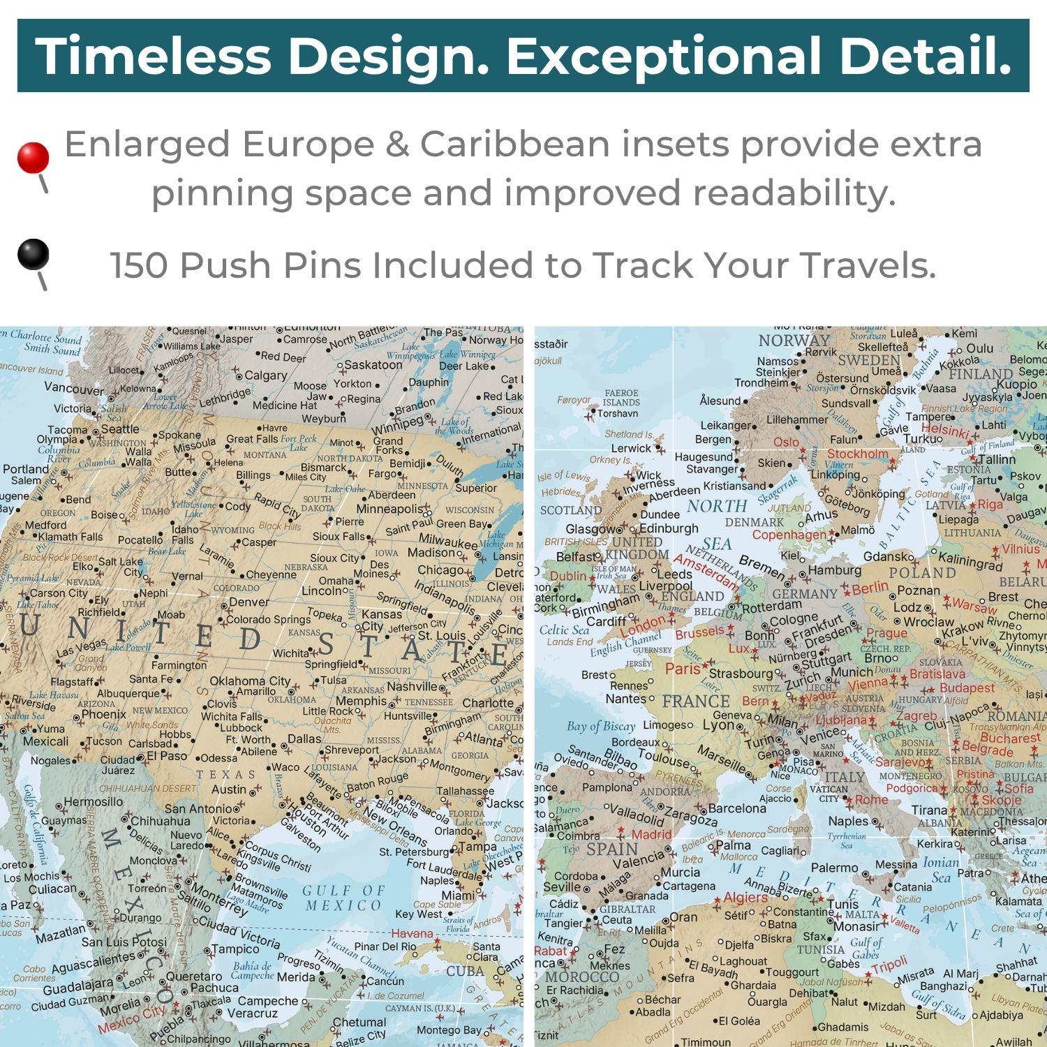 Gallery Wrapped - Signature World Travel Map with pins - Stretched Canvas