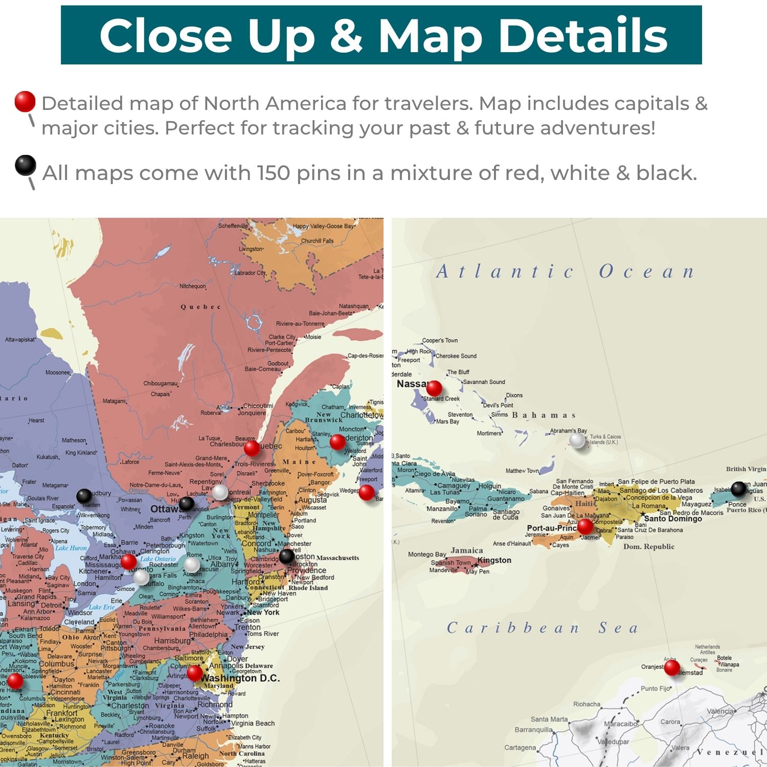 Gallery Wrapped - Tan Oceans North America Travel Map with Pins