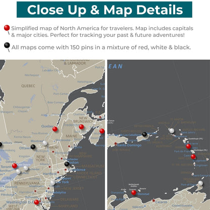 Close-up detail of earth toned North America canvas map with red white black tracking pins on cities