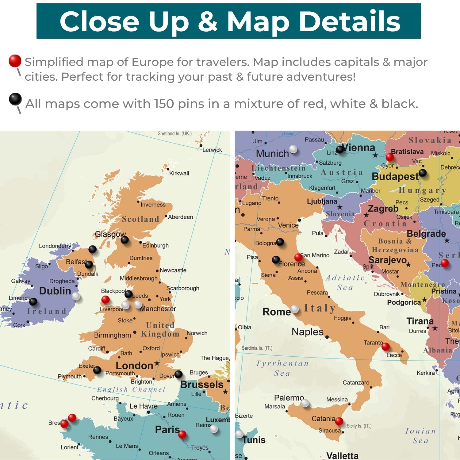 Gallery Wrapped - Tan Oceans Europe Travel Map with Pins - Square Style
