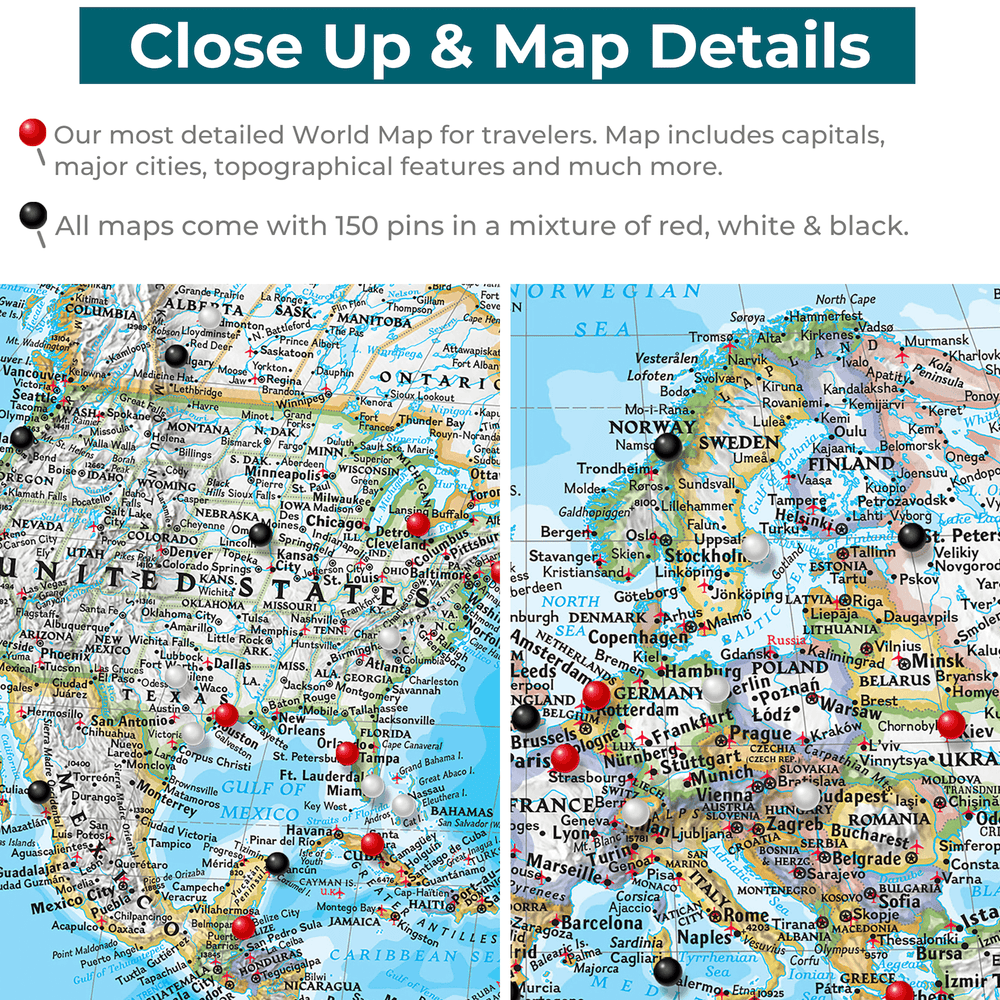 Canvas Classic World Map | Canvas Travel Map | Push Pin Travel Maps