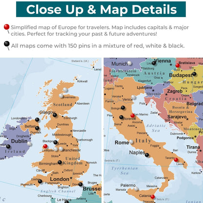 Close-up detail of Blue Oceans Europe canvas map poster showing UK and Italy with red white black push pins marking cities
