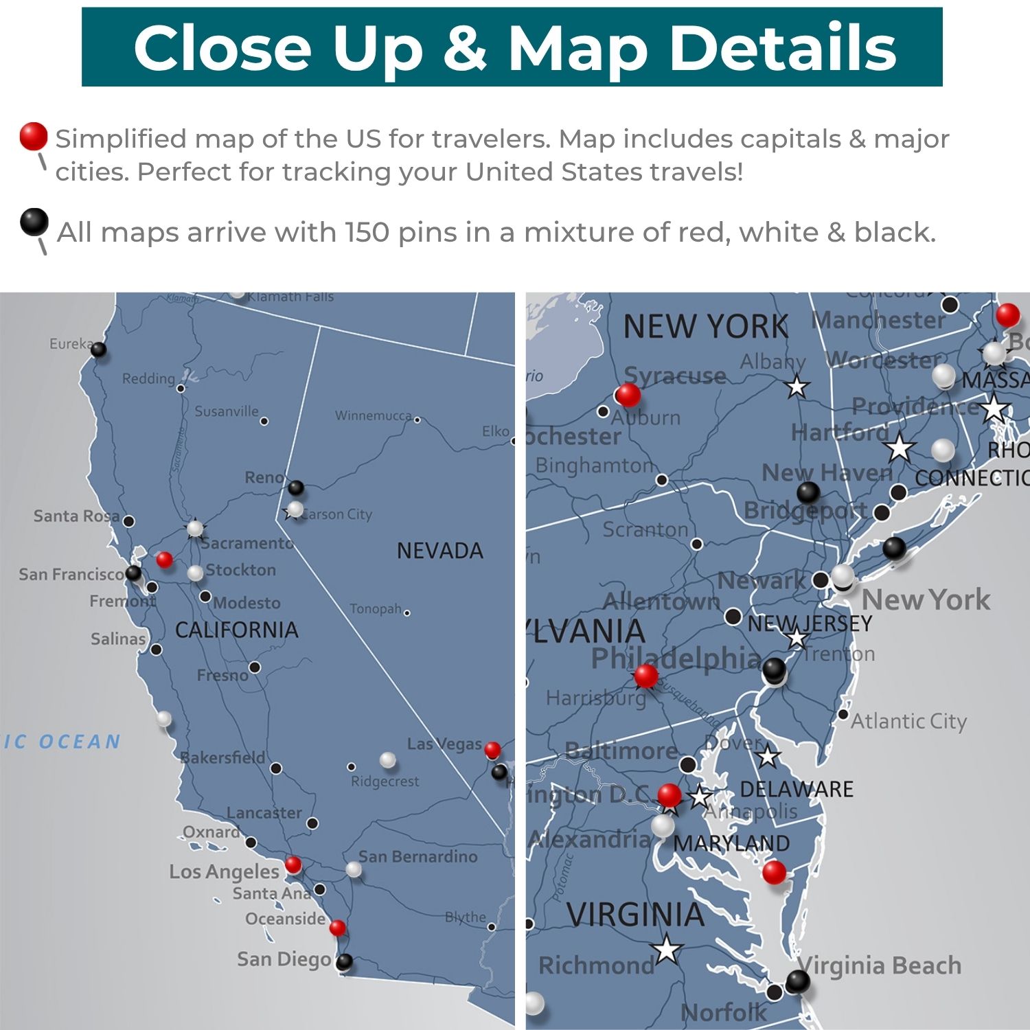 Close-up detail of Blue Ice USA travel map with red black and white pins marking cities across California and East Coast states