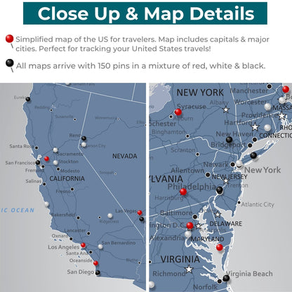 Close-up detail of Blue Ice USA travel map with red black and white pins marking cities across California and East Coast states