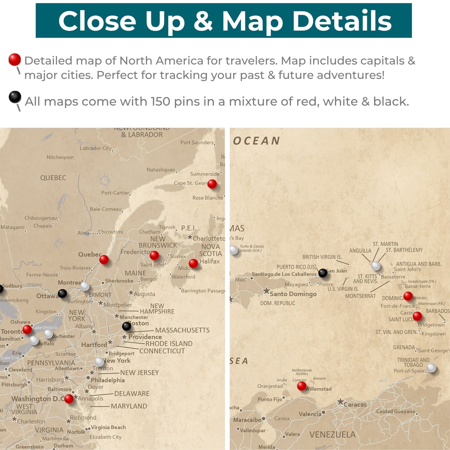 Close-up detail of vintage North America canvas travel map with red black white push pins marking cities
