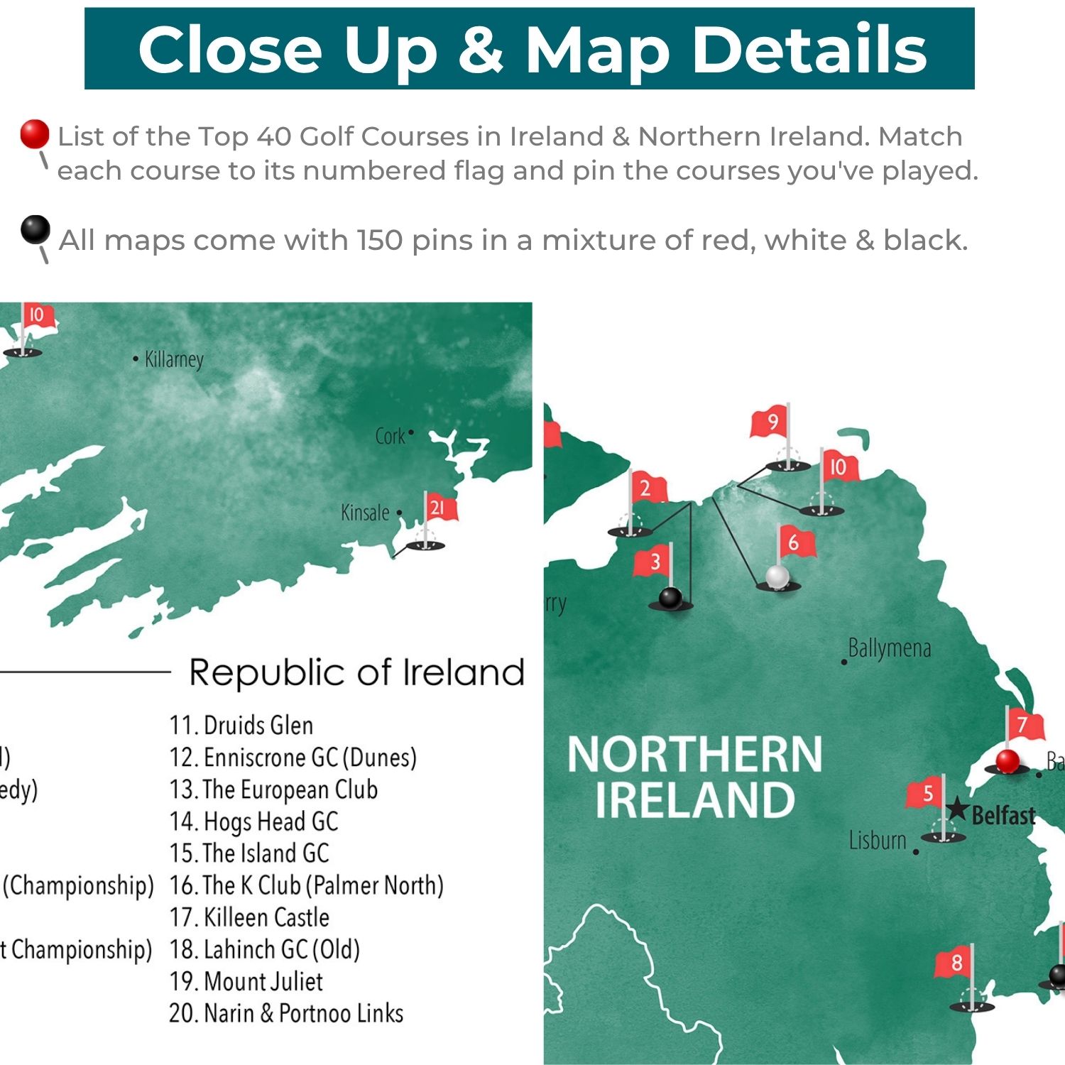 Canvas - Ireland Golf Courses Travel Map with Pins