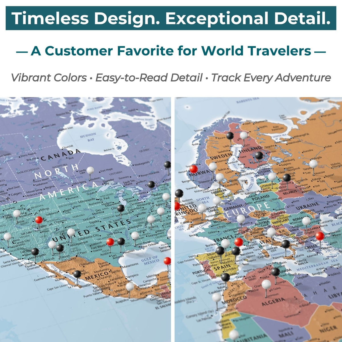 Canvas - Blue Oceans World Travel Map with pins