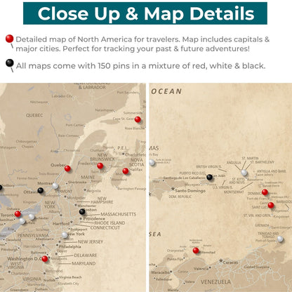 Close-up detail of vintage North America push pin travel map with red black white pins marking cities