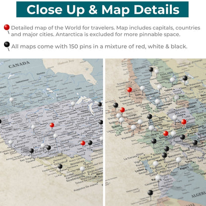 Close-up detail of Sandy Dreams World Travel Map canvas showing red, white, black push pins marking cities across Europe and North America