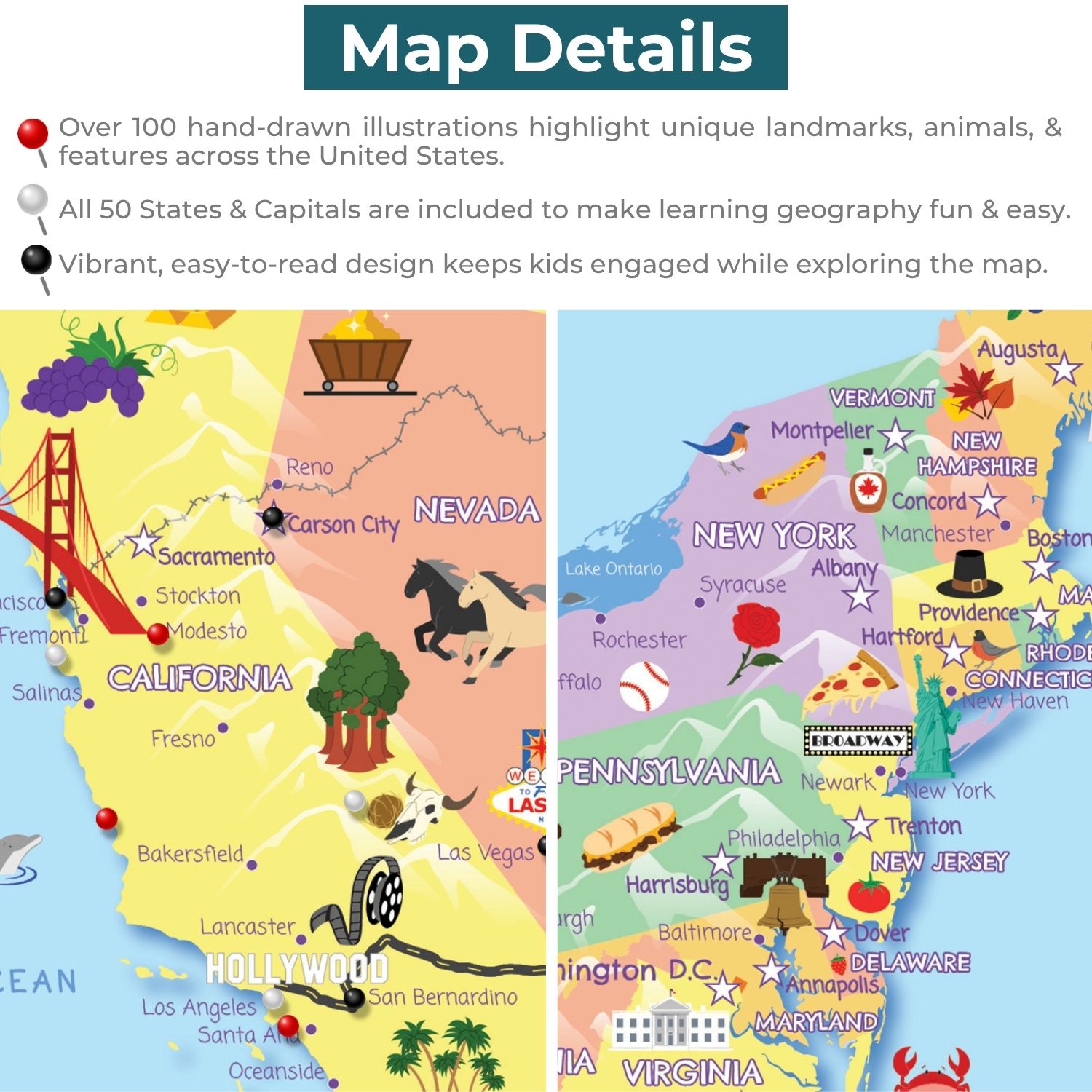 Gallery Wrapped - Kids USA Travel Map with pins