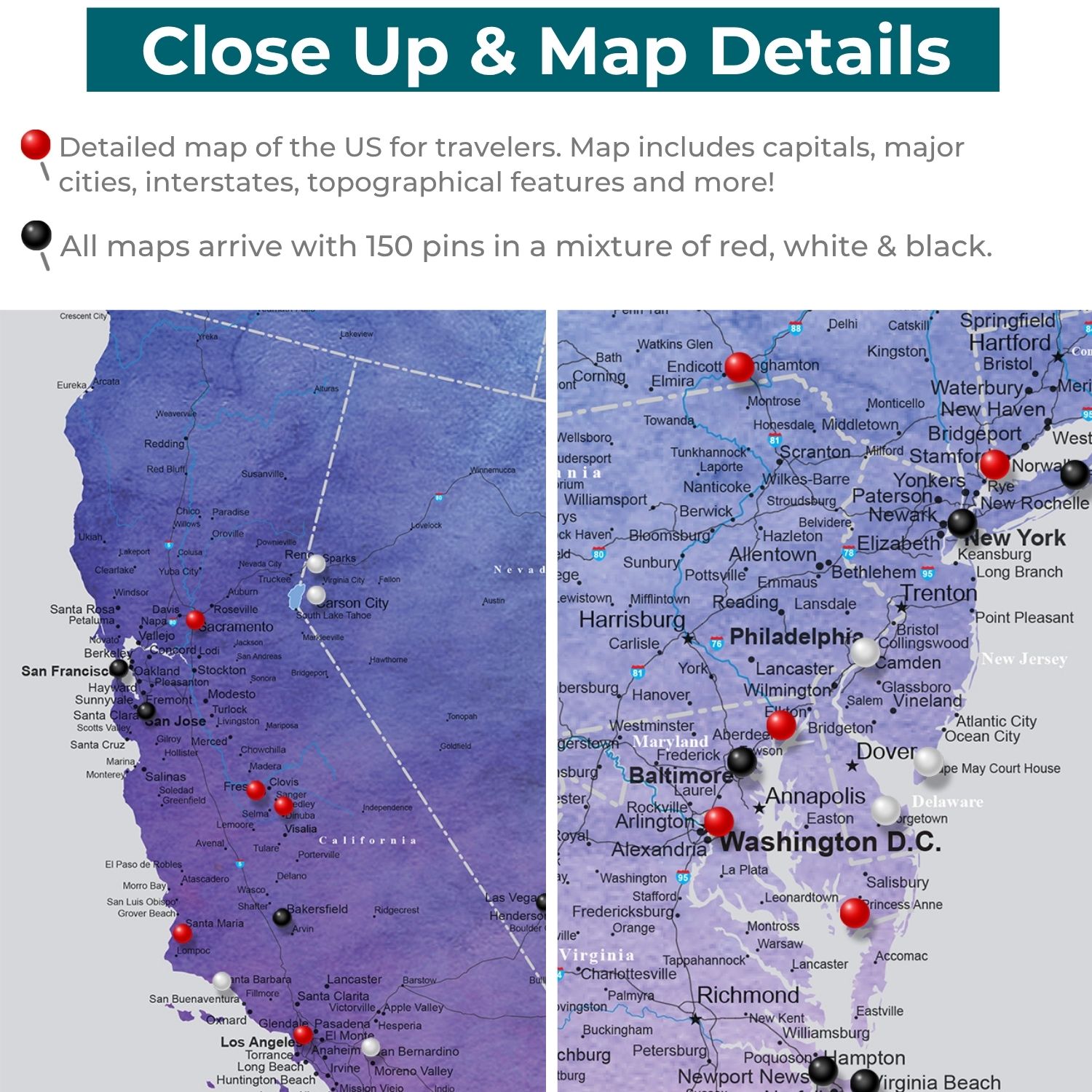 Close-up detail of Vibrant Violet Watercolor USA Push Pin Map showing California and East Coast cities with red black and white pins