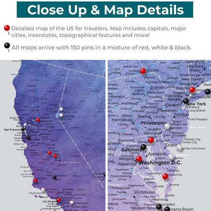 Close-up detail of Vibrant Violet Watercolor USA Push Pin Map showing California and East Coast cities with red black and white pins