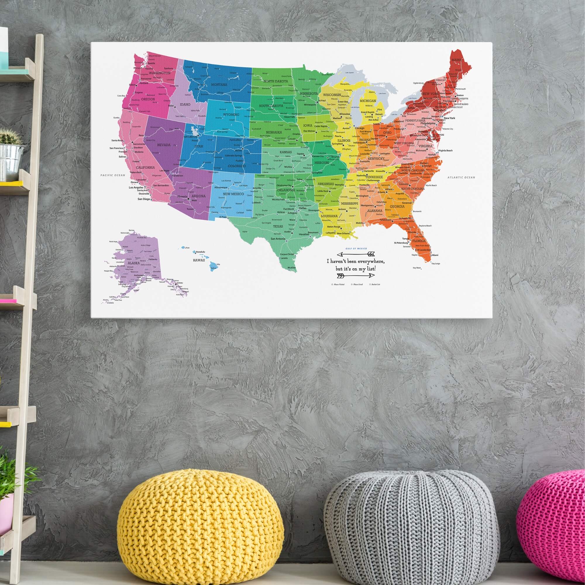 Gallery Wrapped - Colorful USA Travel Map with pins