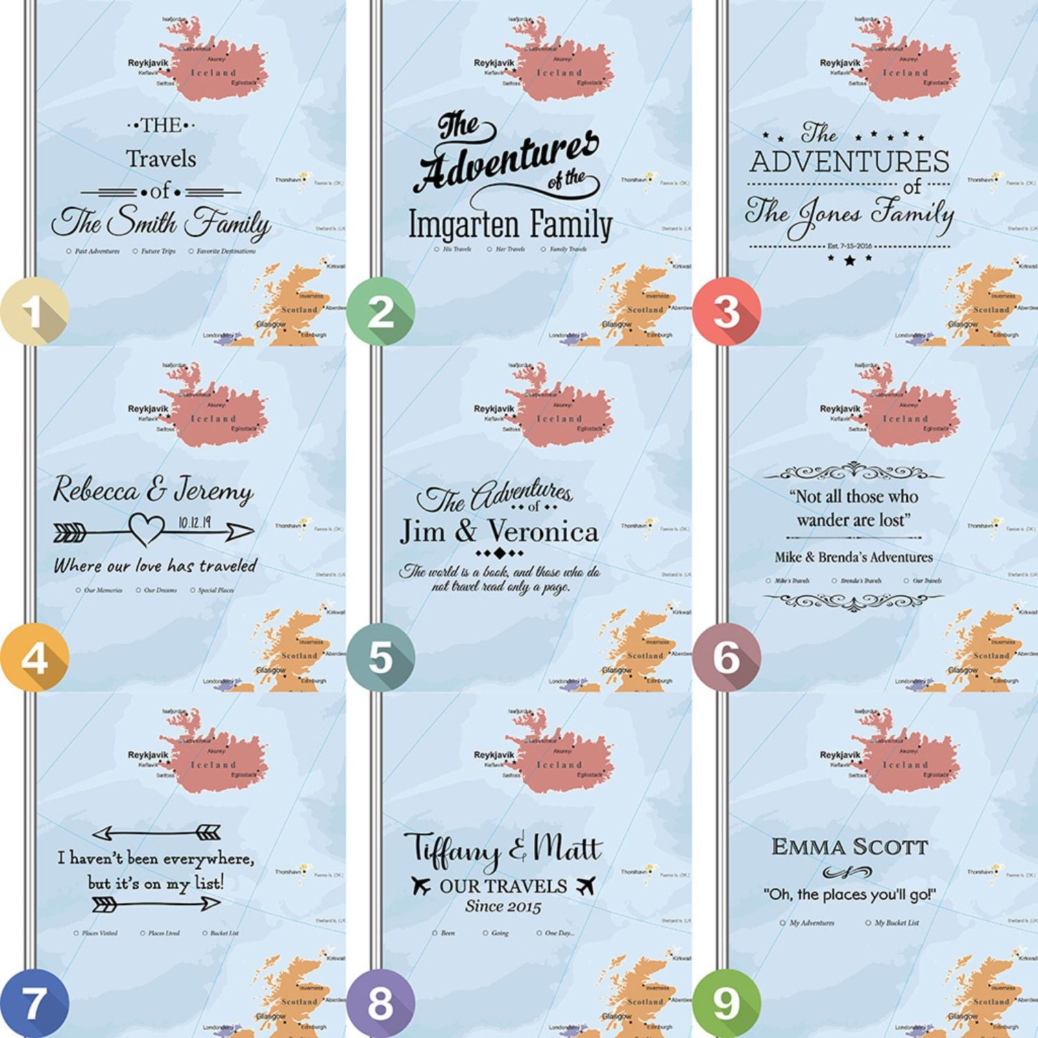 Nine personalized legend design options for Blue Oceans Europe canvas map poster with customizable family names and travel quotes