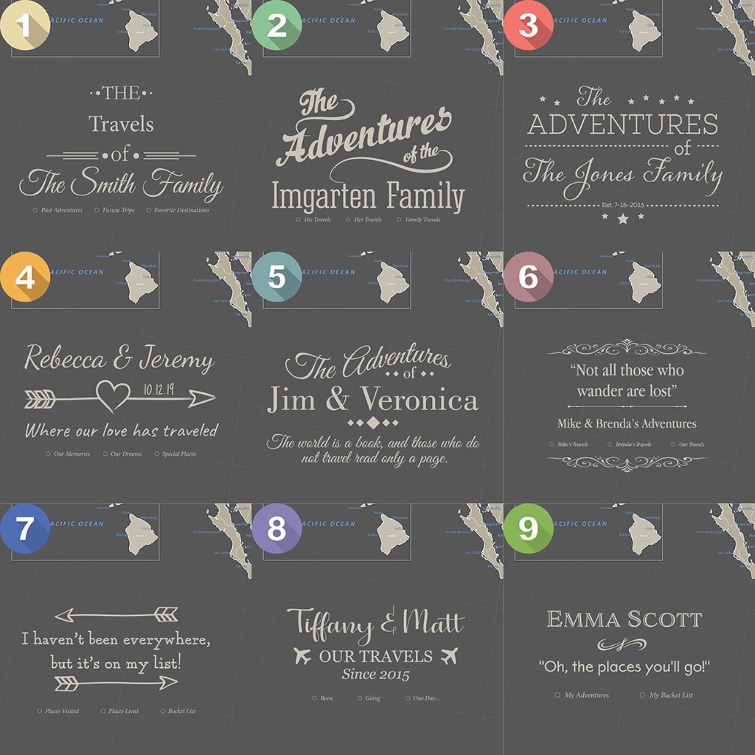 Nine personalized title design options for earth toned North America canvas map poster on dark gray background