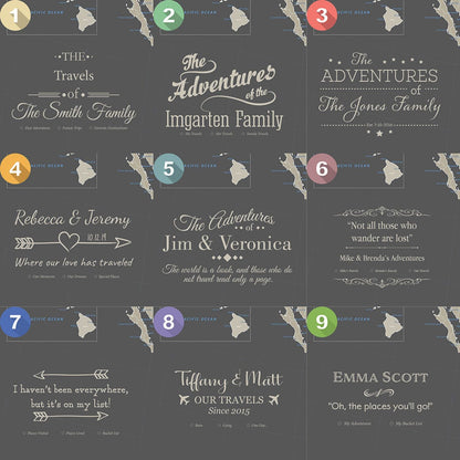 Nine personalized title design options for earth toned North America canvas map poster on dark gray background