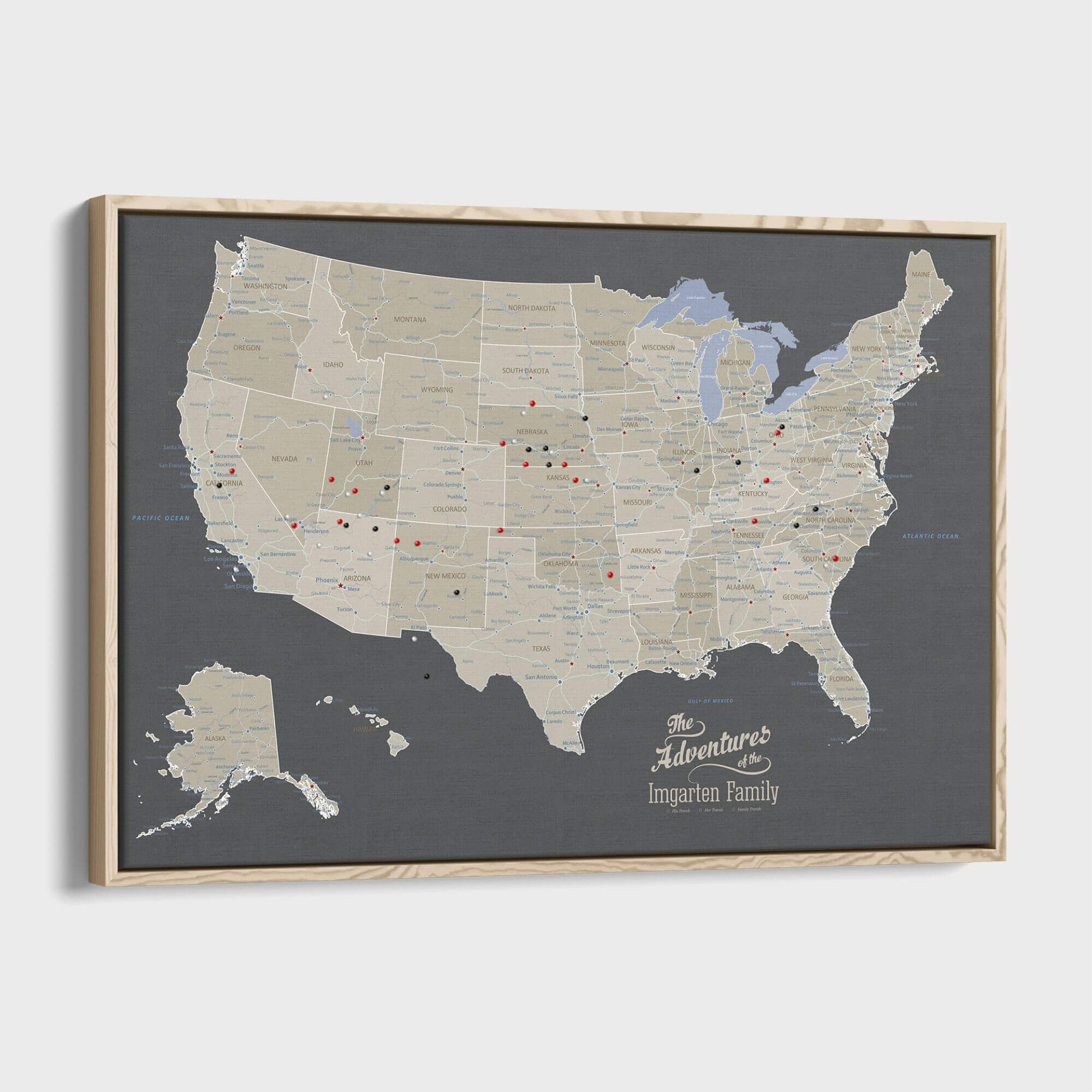 Earth Toned Canvas United States Map | Framed US Map with Push