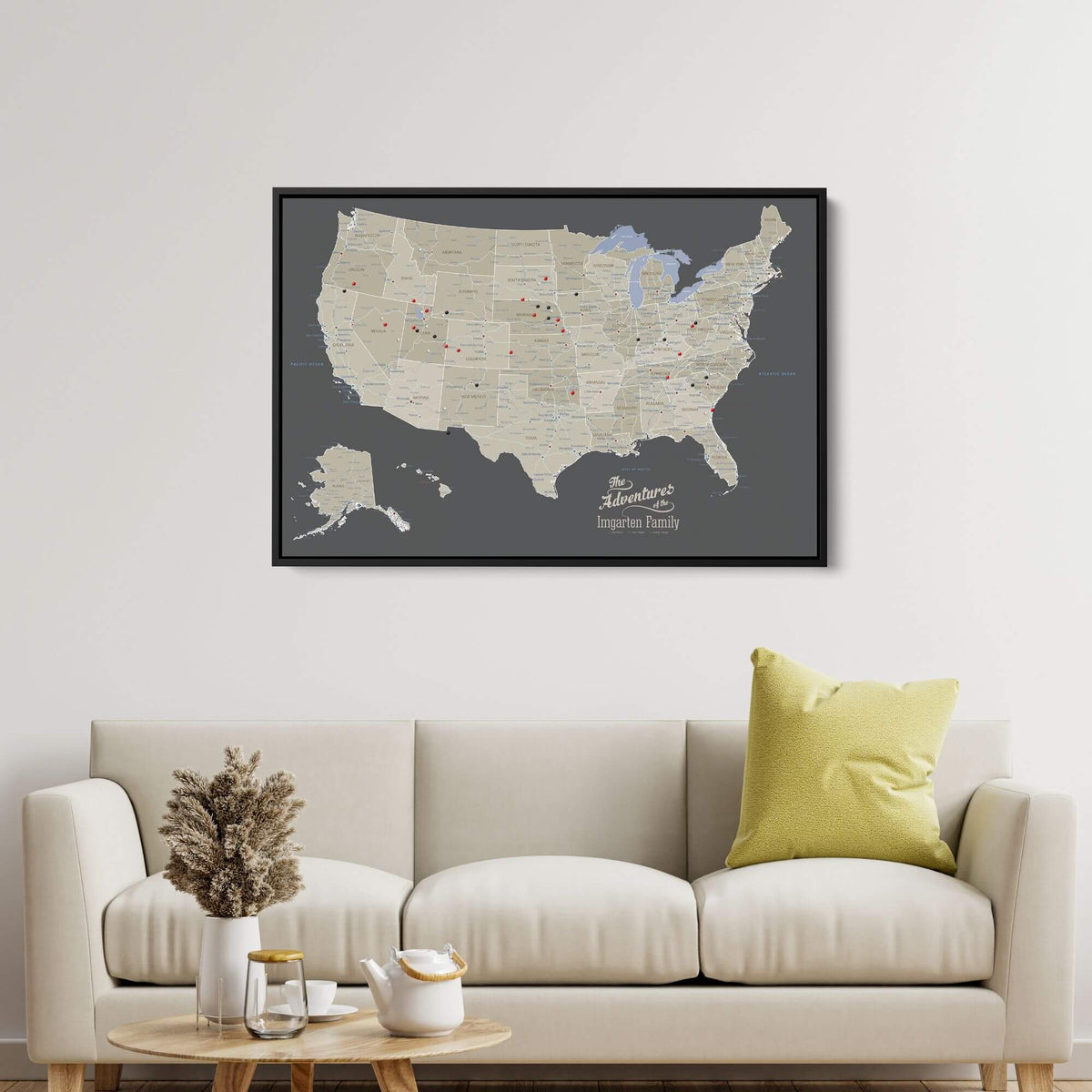 Us Map Frame Earth Toned Canvas United States Map | Framed US Map with Push Pins ...