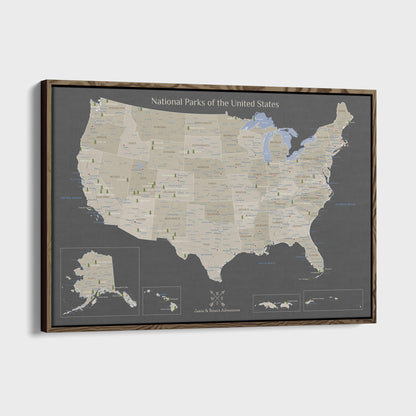 Canvas - Earth Toned National Parks of the USA Travel Map with pins