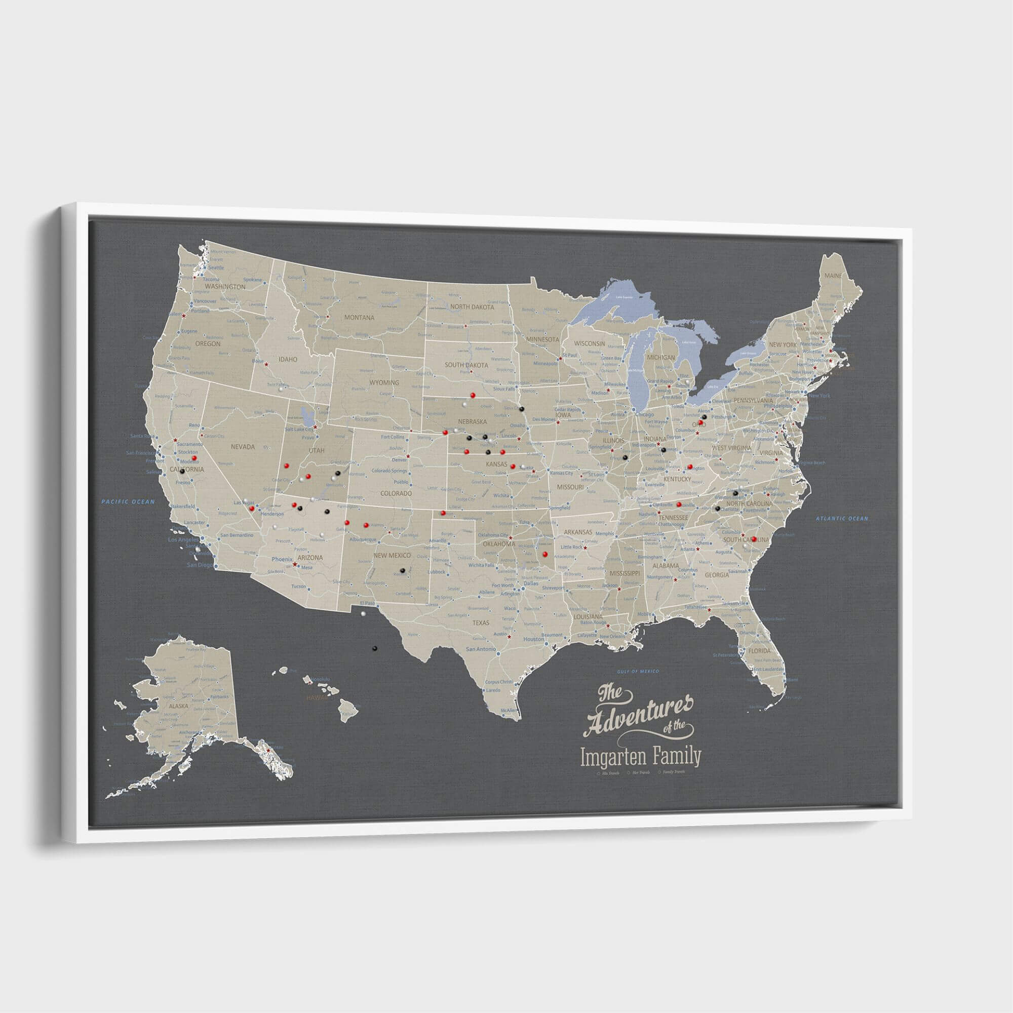 Earth Toned Canvas United States Map | Framed US Map with Push
